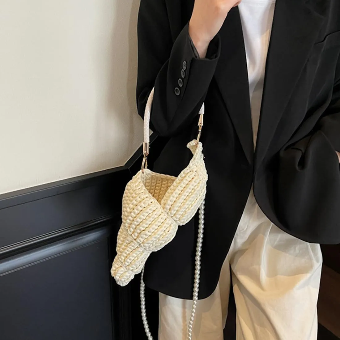 Handwoven Fashion Seashell Bag,Boho Clutch with Pearl Strap Leather Handle,Vacation Hollow Beach Bag Crossbody