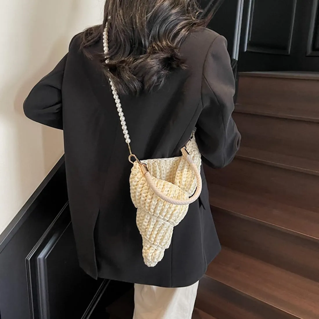 Handwoven Fashion Seashell Bag,Boho Clutch with Pearl Strap Leather Handle,Vacation Hollow Beach Bag Crossbody
