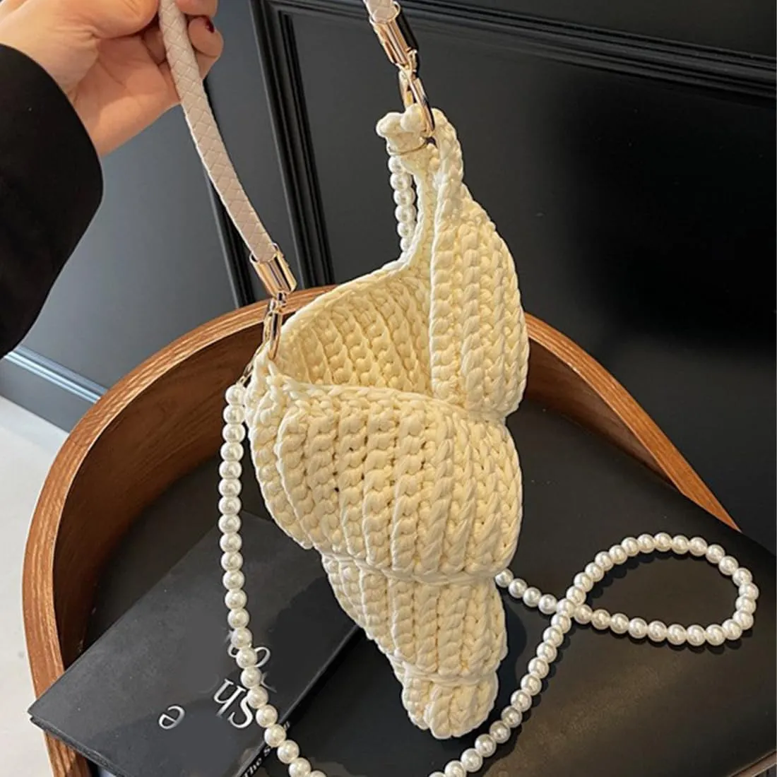 Handwoven Fashion Seashell Bag,Boho Clutch with Pearl Strap Leather Handle,Vacation Hollow Beach Bag Crossbody
