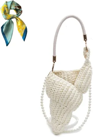 Handwoven Fashion Seashell Bag,Boho Clutch with Pearl Strap Leather Handle,Vacation Hollow Beach Bag Crossbody