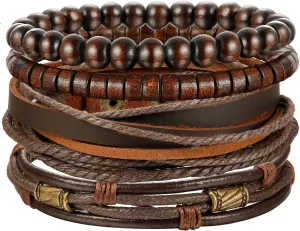 Jstyle 4Pcs Braided Leather Bracelet for Women Mens Cuff Bead Bracelet Set Adjustable Black And Brown