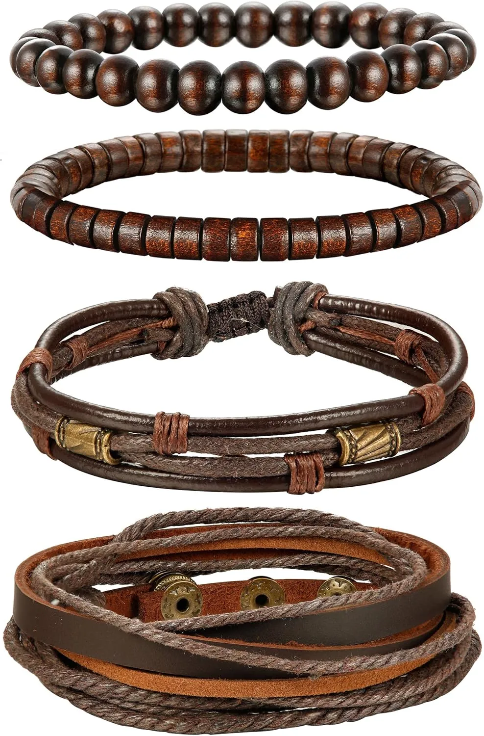 Jstyle 4Pcs Braided Leather Bracelet for Women Mens Cuff Bead Bracelet Set Adjustable Black And Brown