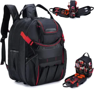 KSIBNW 45-Pockets Tool Backpack for Men, Waterproof Heavy Duty Tools Organizer Bags with Laptop Compartment Durable Tool Carrier with Charging Port for Electrician/Construction Work, Black and Red