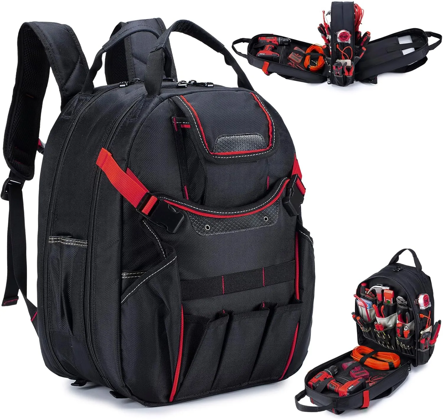 KSIBNW 45-Pockets Tool Backpack for Men, Waterproof Heavy Duty Tools Organizer Bags with Laptop Compartment Durable Tool Carrier with Charging Port for Electrician/Construction Work, Black and Red