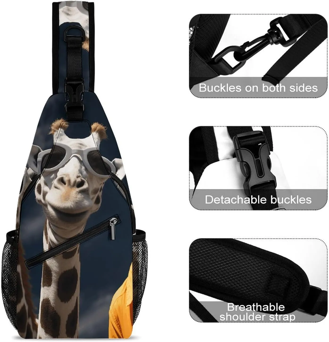 Lightweight Chest Bag Crossbody Bag Three Giraffes Wearing Sunglasses Sling Backpack for Women Men Sports Travel