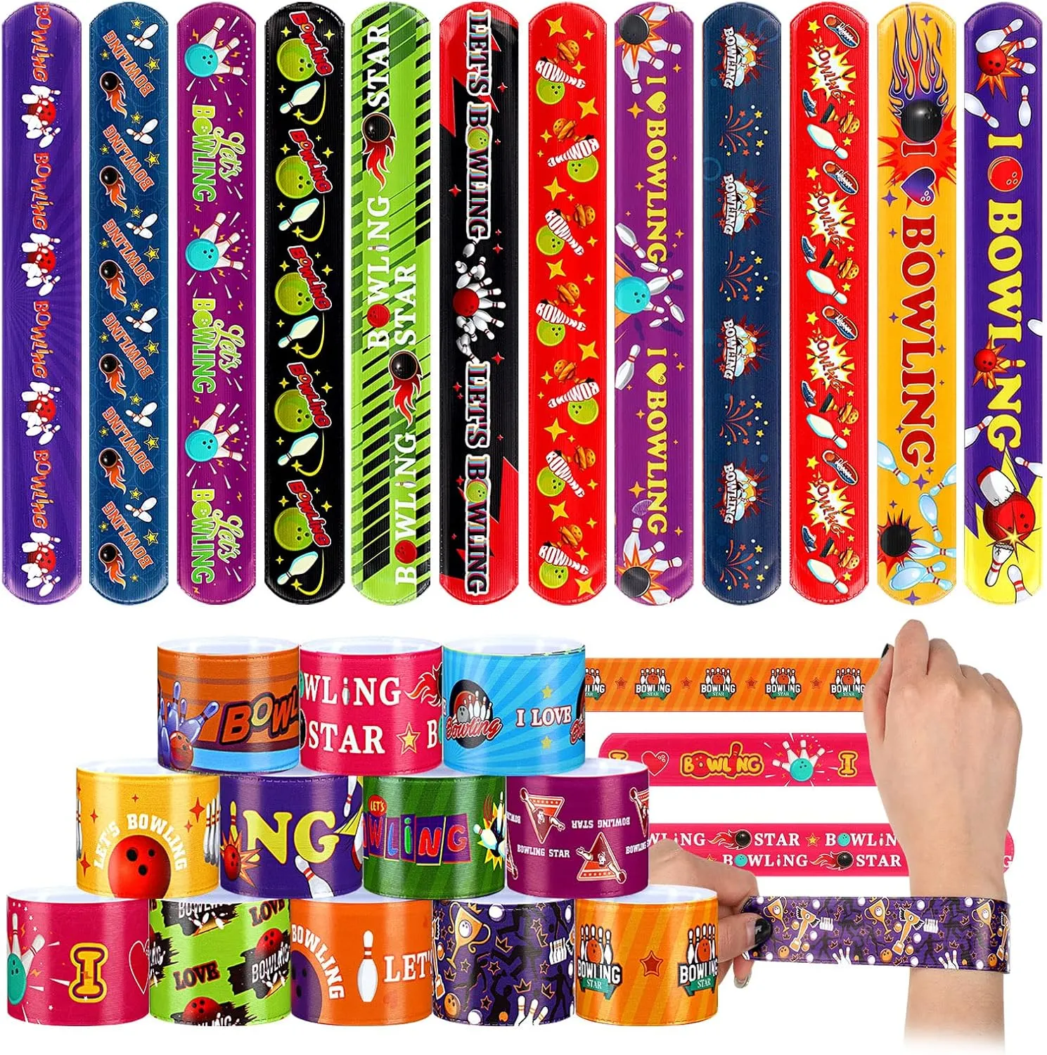Marsui 48 Pcs Bowling Slap Bracelets Bulk Bowling Party Favors Snap Bracelets Wristbands for Classroom Prizes Decorations Birthday Party Favors Gifts Supplies, 24 Designs