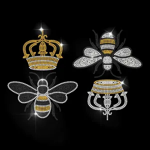 MAYJOYDIY Honey Bee Crown Iron on Rhinestone Decal Queen Bee Hotfix Transfer Sticker Crystal Insects Heat Transfer Patch Bling Clothing Repair Applique for T-Shirt Hat Jacket Garment Bag DIY Decor