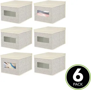 mDesign Large Fabric Stackable Closet Organizer Box - Clear Window/Lid for Bedroom, Office, Bathroom, Mudroom Organization, Shoe, Sweater, Clothes Storage, Lido Collection, 6 Pack, Natural/Blue Stripe