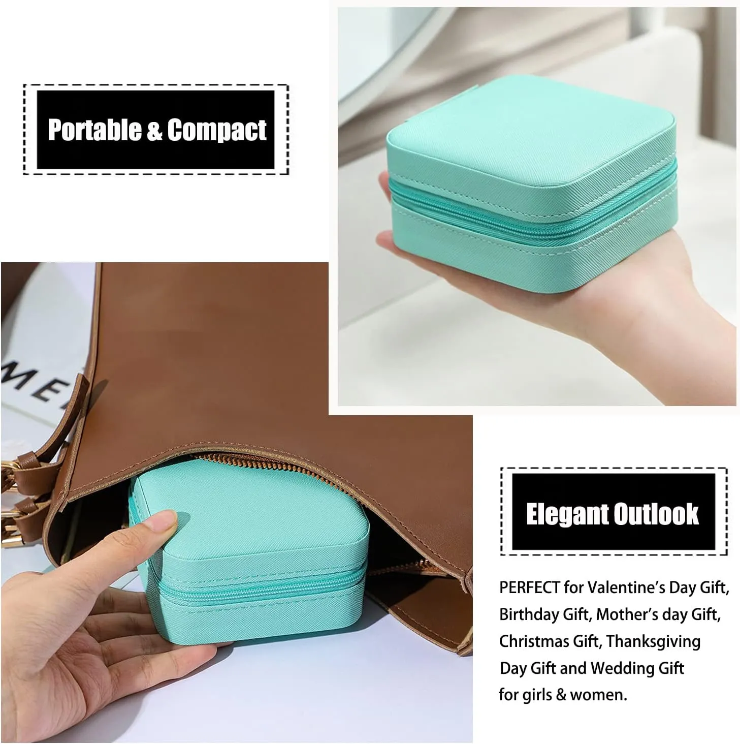 MODENGKONGJIAN Mini Jewelry Travel Case, PU Leather Travel Jewelry Organizer Box, Small Portable Portable Jewellery Storage Holder for Womens Rings Earrings Necklaces Bracelets (White)