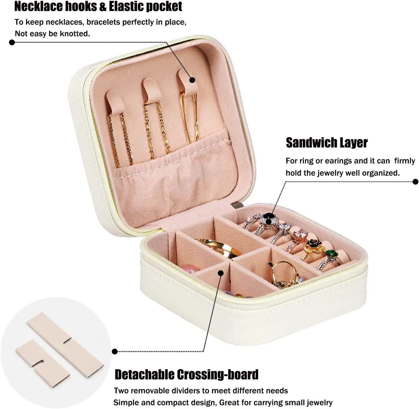 MODENGKONGJIAN Mini Jewelry Travel Case, PU Leather Travel Jewelry Organizer Box, Small Portable Portable Jewellery Storage Holder for Womens Rings Earrings Necklaces Bracelets (White)