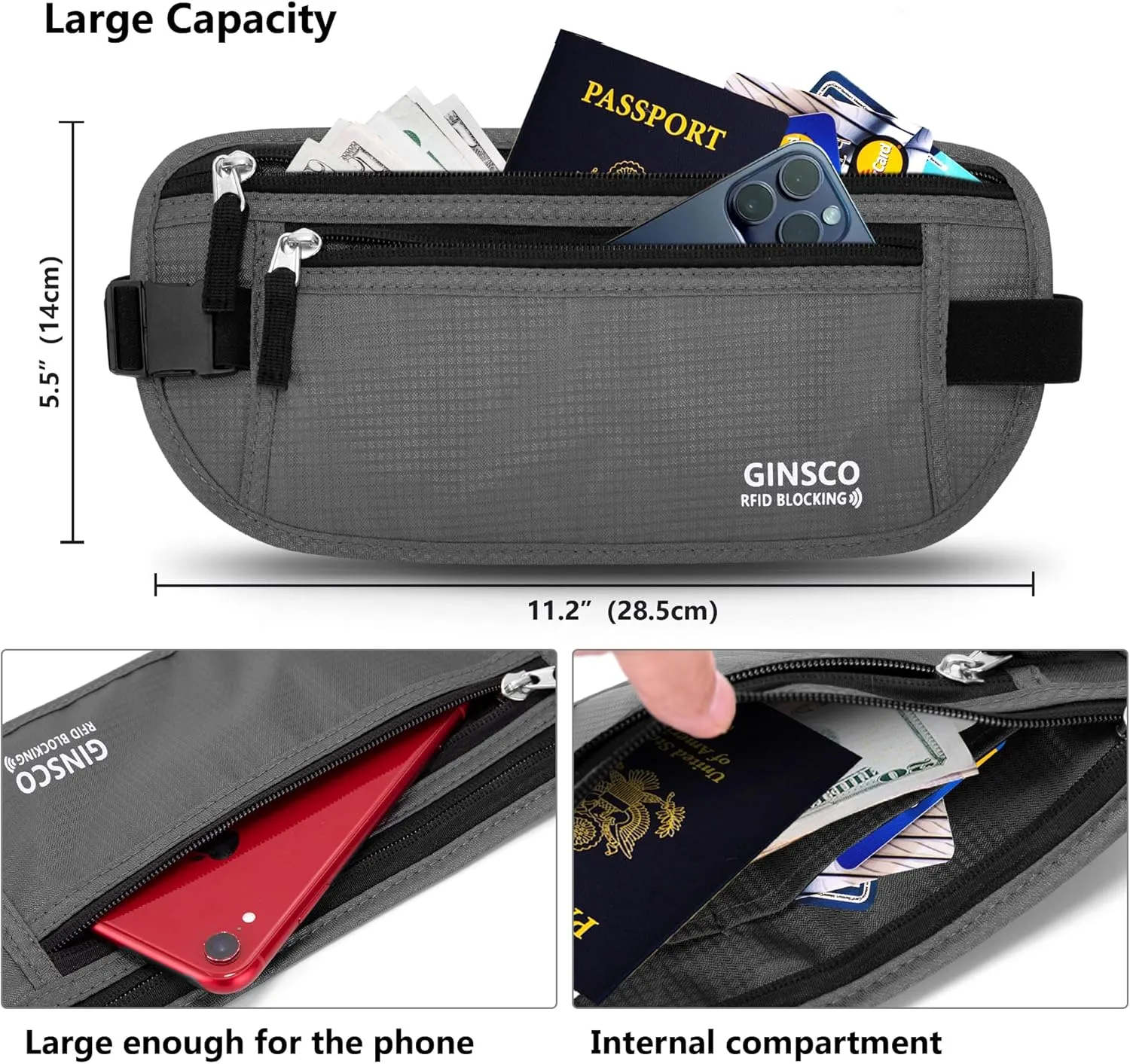 Money Belt for Travel Women Hidden Ginsco Slim RFID Blocking Passport Holder Unisex Travel Money Belt Under Clothes Anti Theft Travel Hidden Wallet for Travelling Workout Running Gray 11''