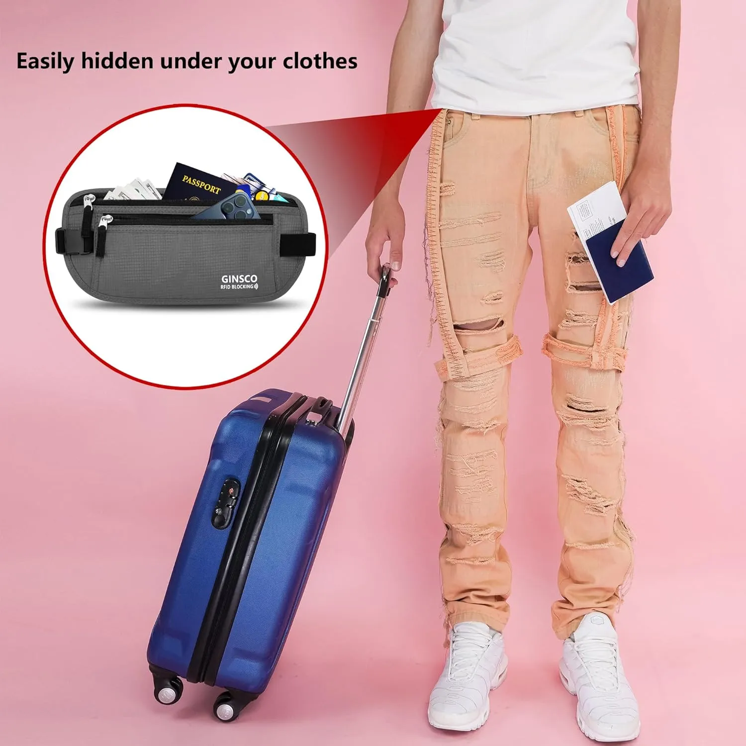 Money Belt for Travel Women Hidden Ginsco Slim RFID Blocking Passport Holder Unisex Travel Money Belt Under Clothes Anti Theft Travel Hidden Wallet for Travelling Workout Running Gray 11''