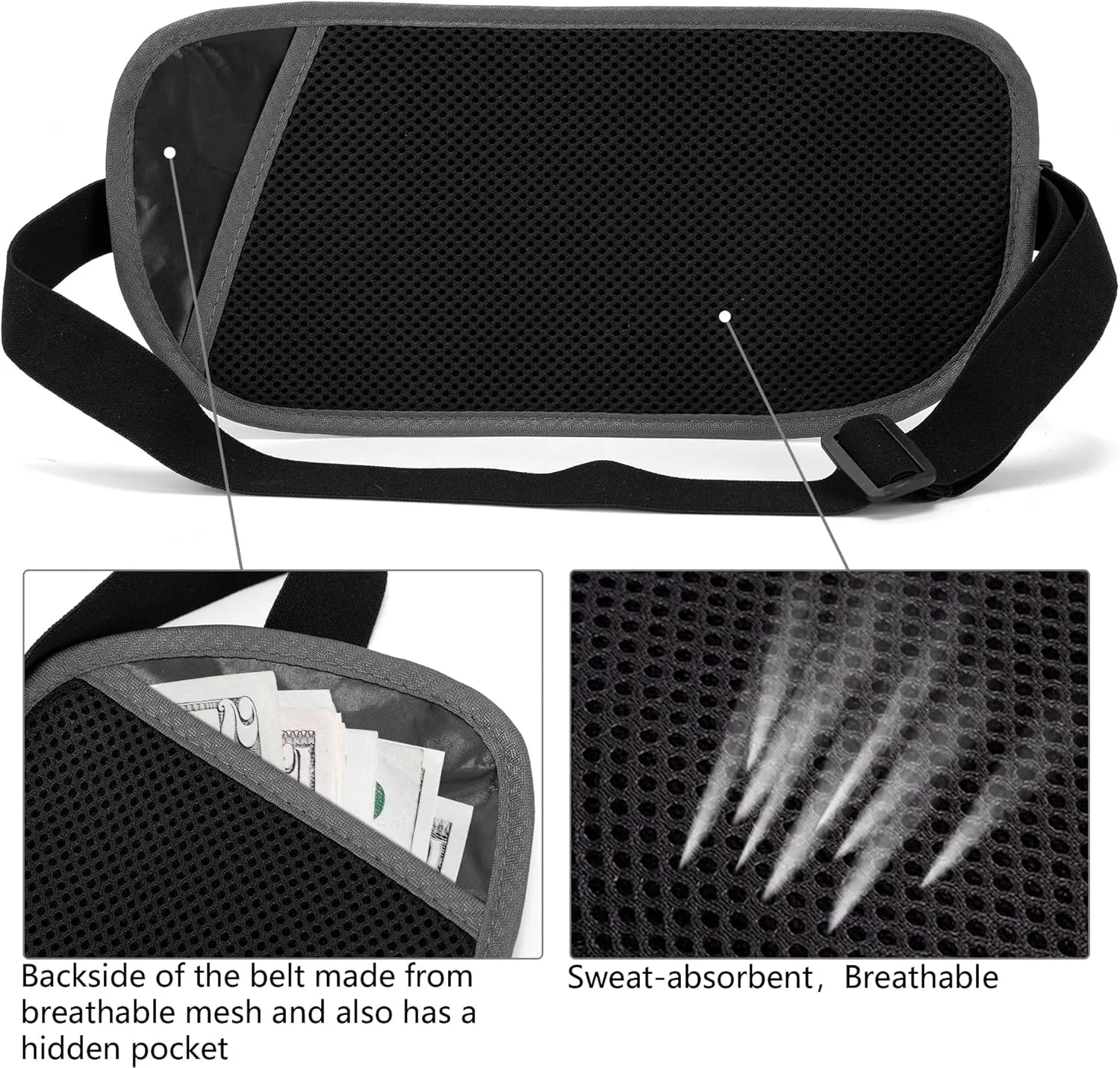 Money Belt for Travel Women Hidden Ginsco Slim RFID Blocking Passport Holder Unisex Travel Money Belt Under Clothes Anti Theft Travel Hidden Wallet for Travelling Workout Running Gray 11''