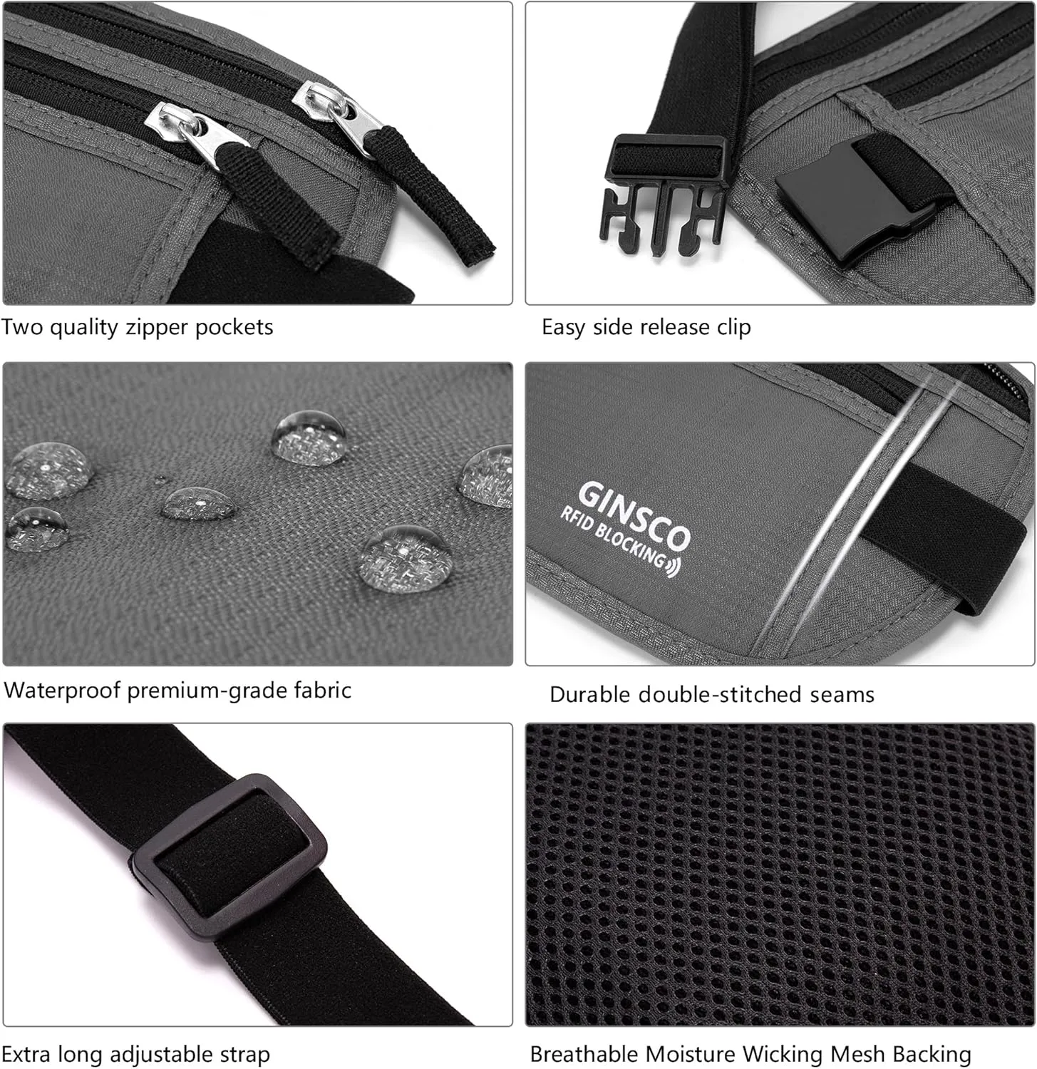 Money Belt for Travel Women Hidden Ginsco Slim RFID Blocking Passport Holder Unisex Travel Money Belt Under Clothes Anti Theft Travel Hidden Wallet for Travelling Workout Running Gray 11''