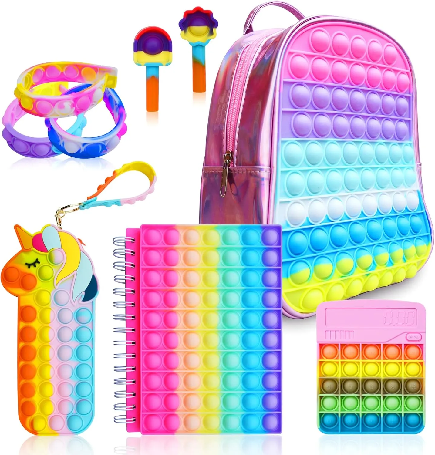 Pop Fidget Backpack for Girls, Pop it Bags&pop it Notebook and Unicorn Pencil Case for Kids' Fidget School Supplies Stress Relief, Great Birthday Present Gift for Kids
