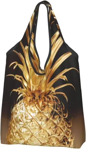 Portable Shopping Bag, Gold Pineapple, 3 Pack Reusable Shopping Bag, Casual Shoulder Bag for Daily Use, Black, One Size, black, Einheitsgre
