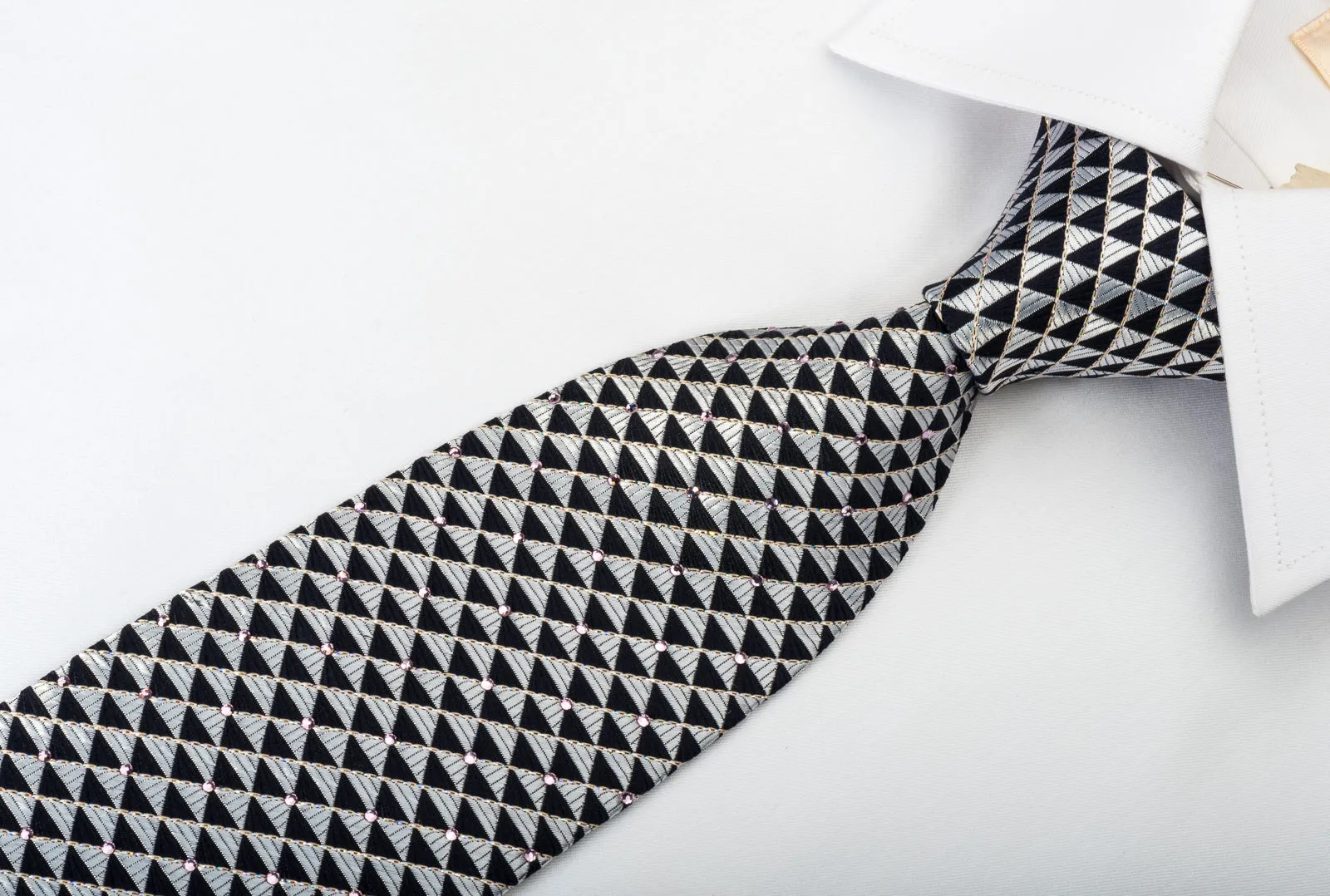 Renoma Silk Rhinestone Tie Silver Black Checkered With Silver Sparkles