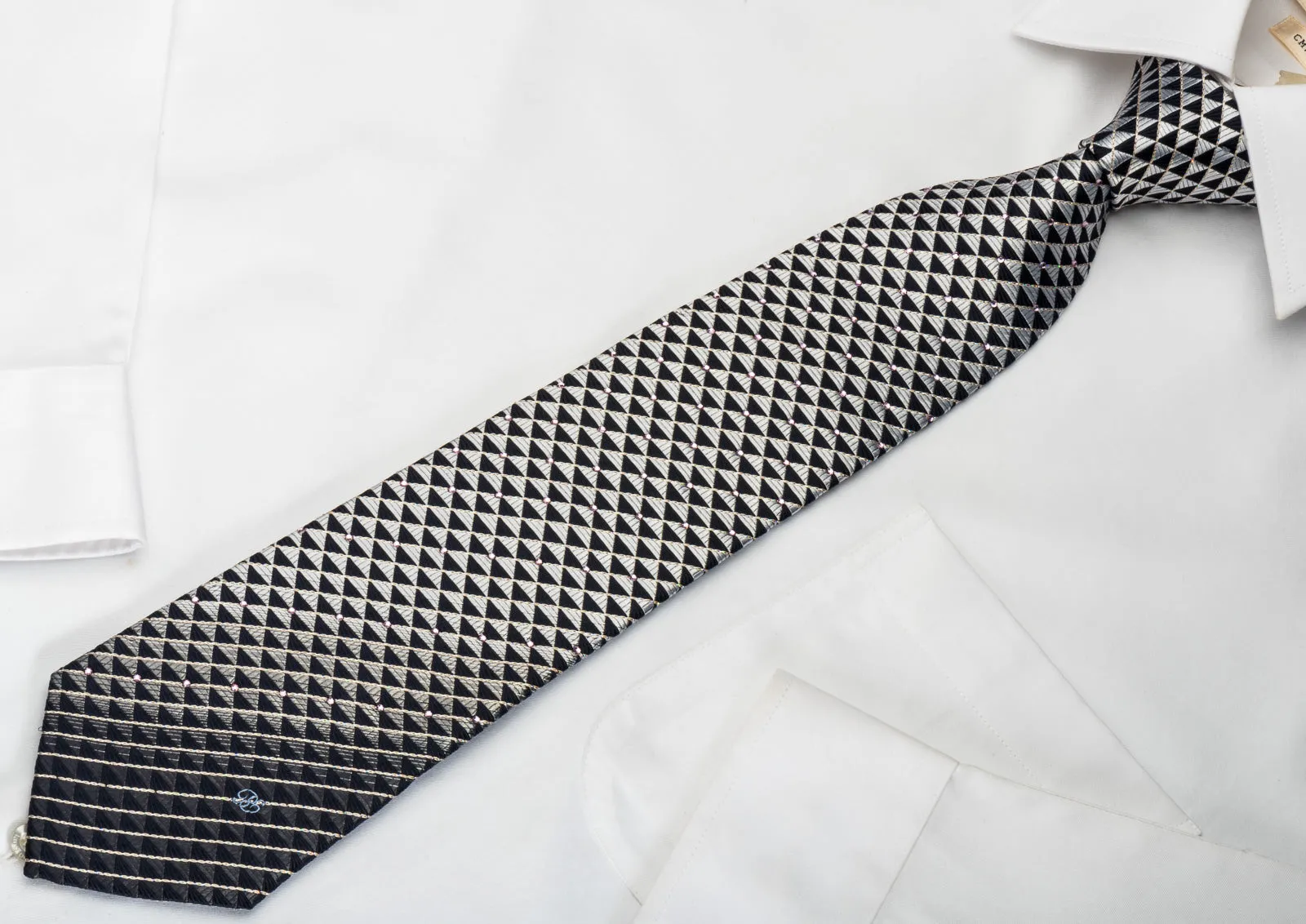 Renoma Silk Rhinestone Tie Silver Black Checkered With Silver Sparkles