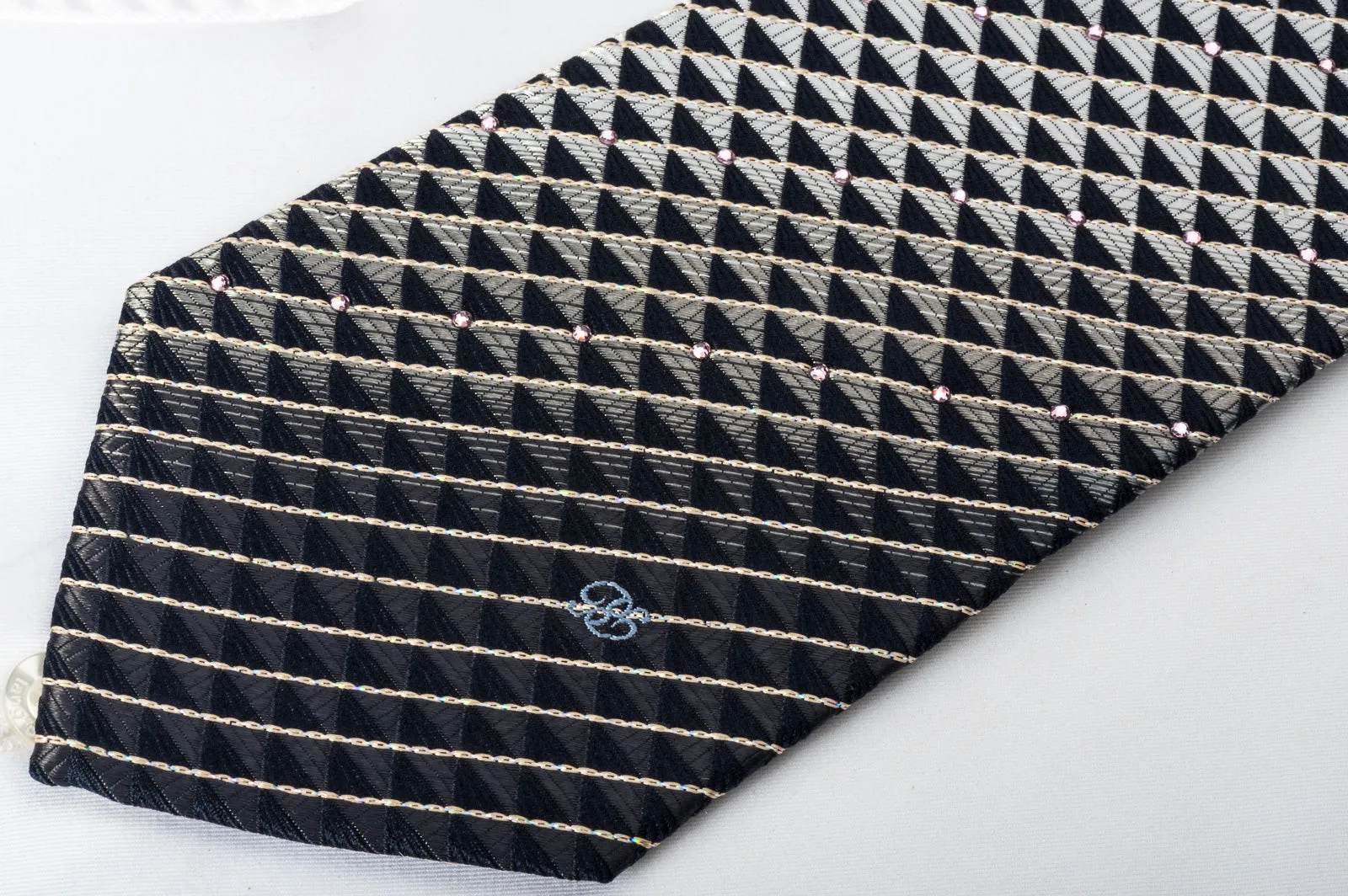 Renoma Silk Rhinestone Tie Silver Black Checkered With Silver Sparkles