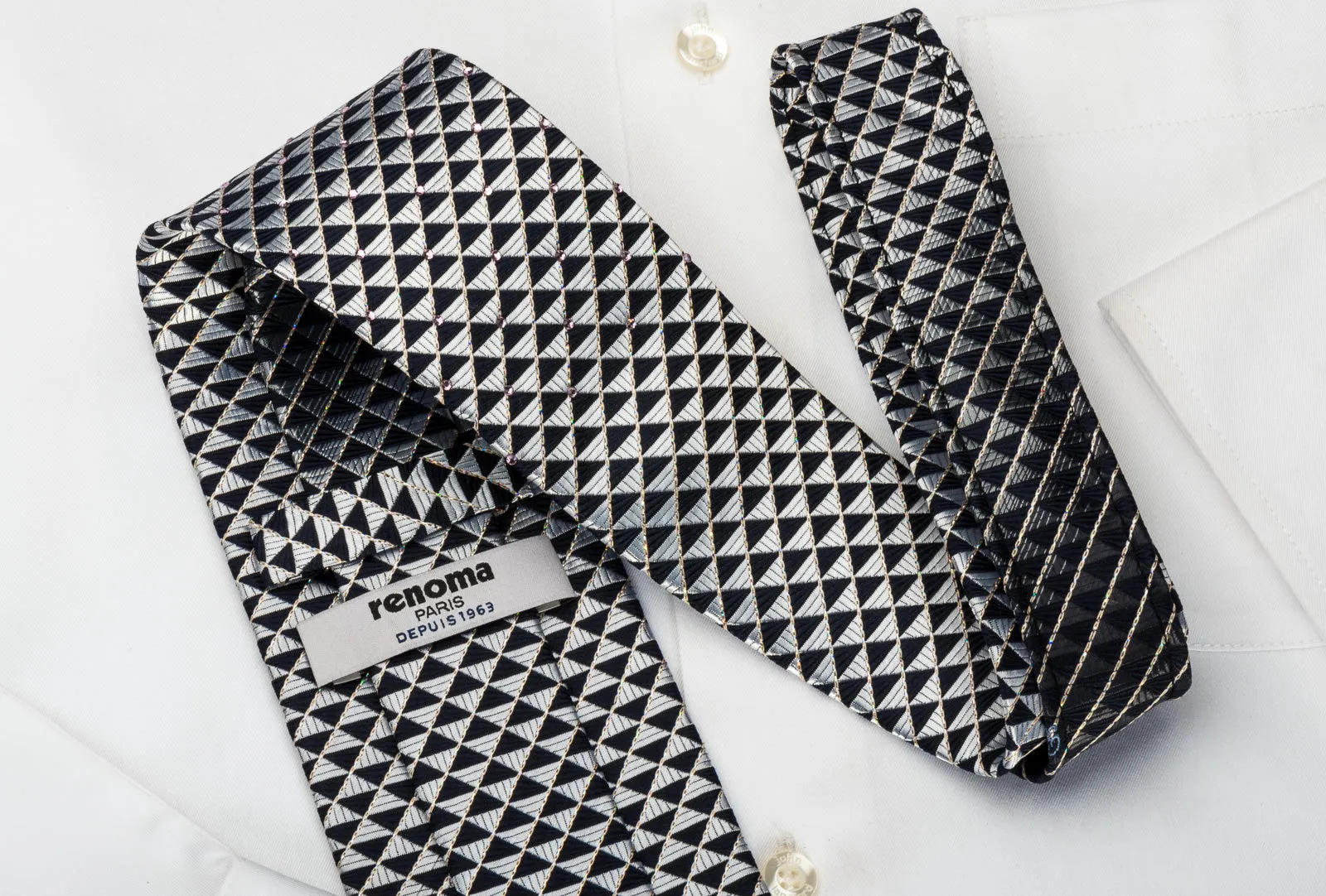 Renoma Silk Rhinestone Tie Silver Black Checkered With Silver Sparkles