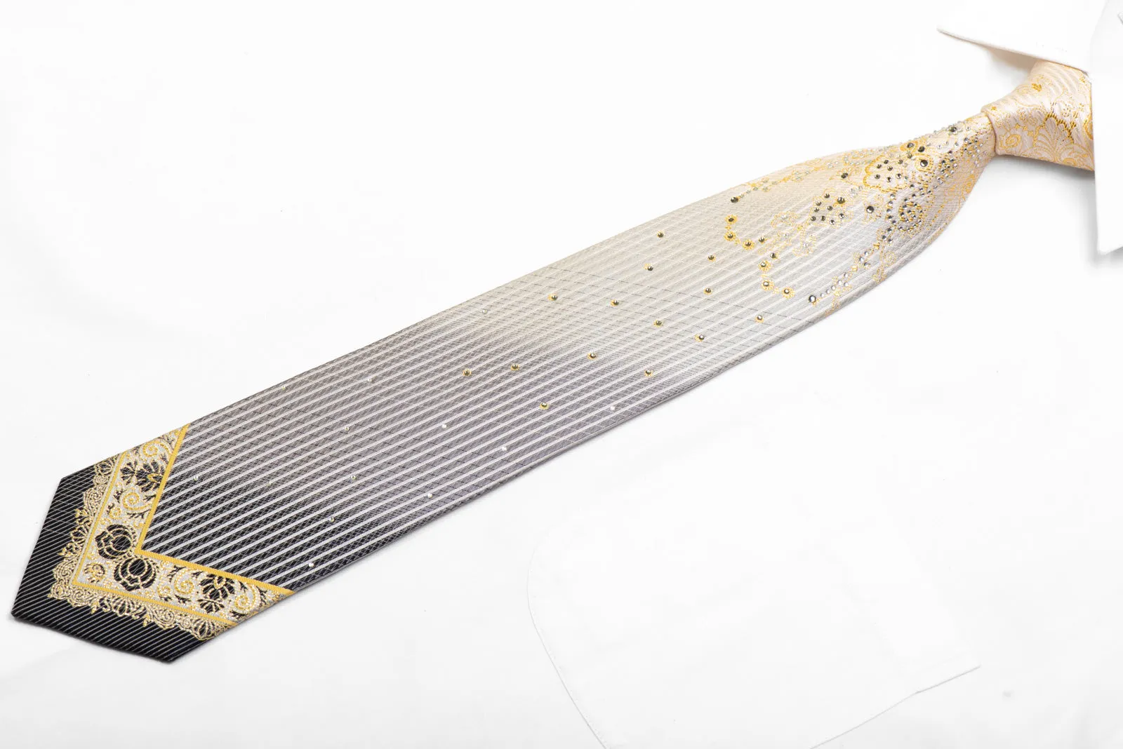 Rhinestone Silk Tie Gold Damask On Silver With Sparkles