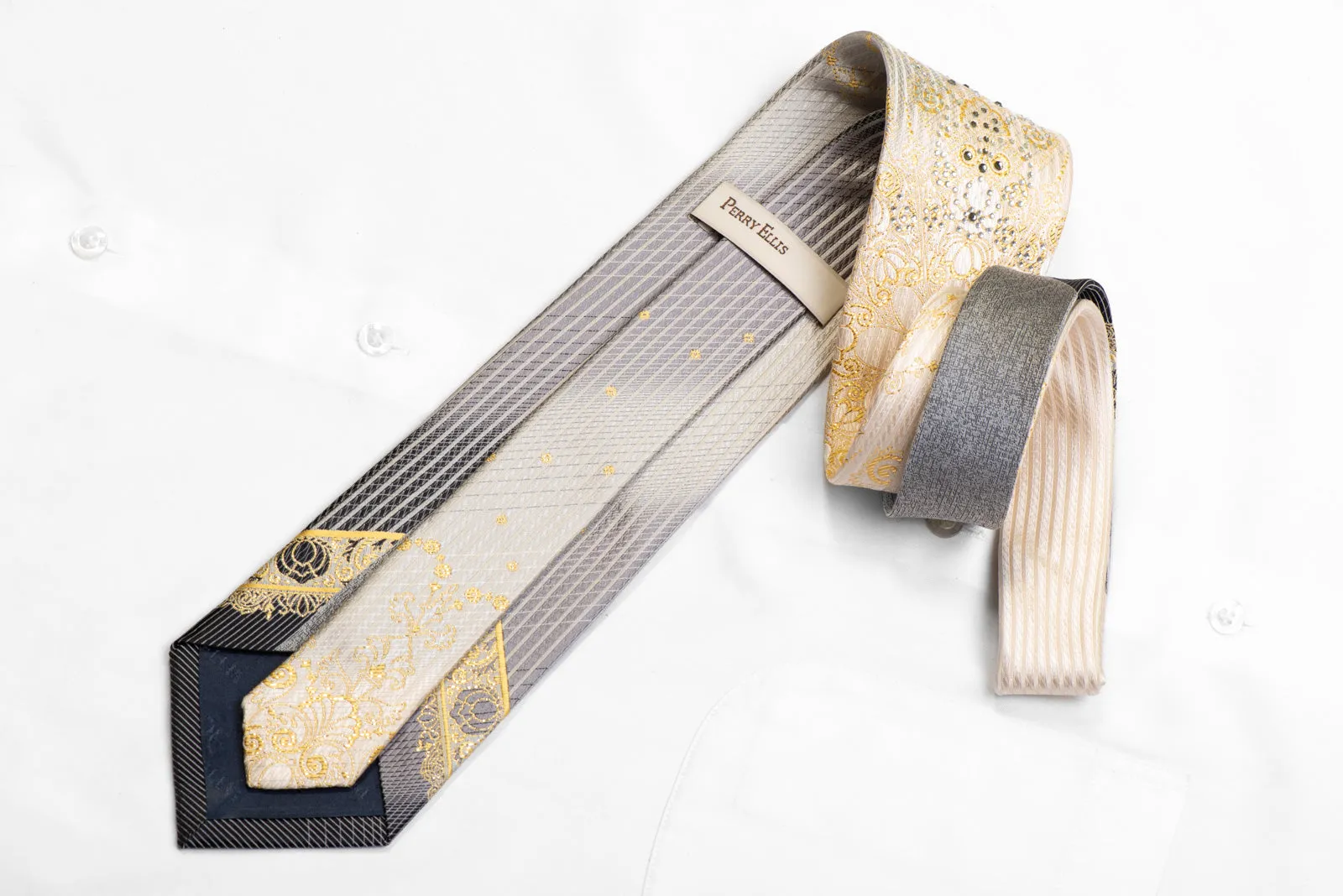 Rhinestone Silk Tie Gold Damask On Silver With Sparkles