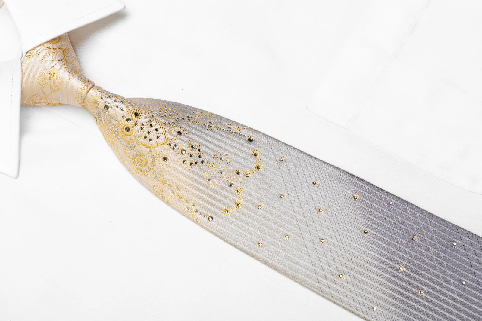 Rhinestone Silk Tie Gold Damask On Silver With Sparkles