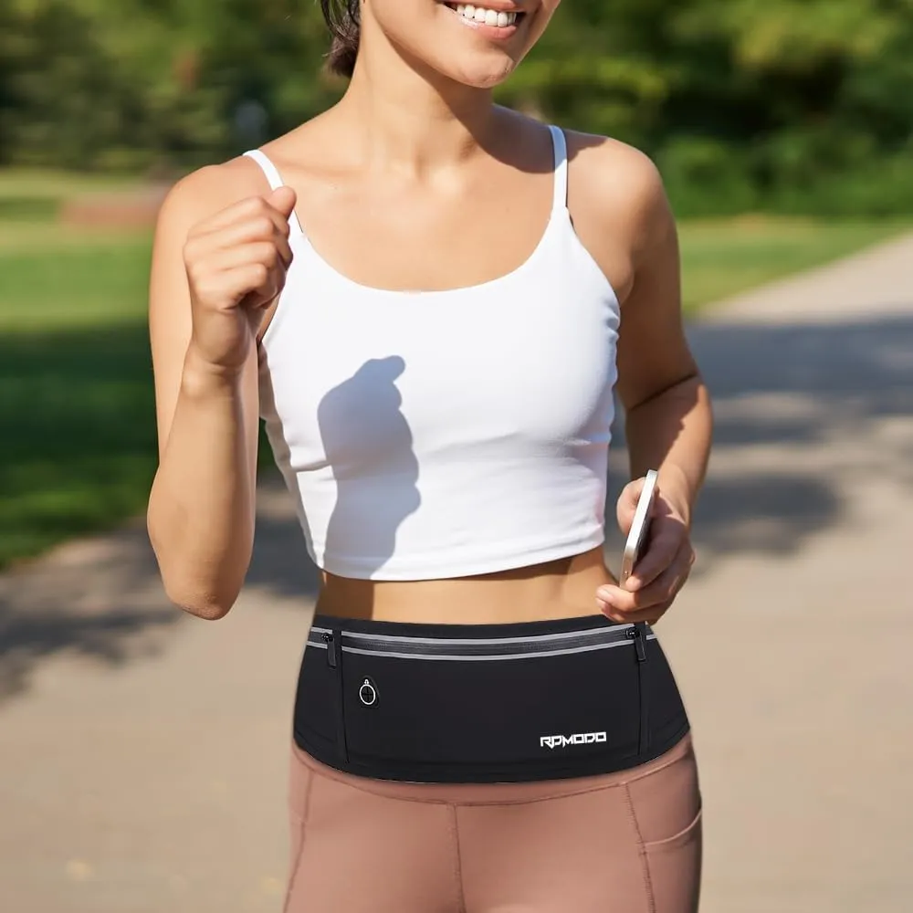 Slim Running BeltWater Resistant Fanny Pack for Women Men3 Pocket Phone Holder for Running Walking CyclingAdjustable Reflective Running Waist Bag for iPhone 16 15 14 13 Pro Max Samsung Black