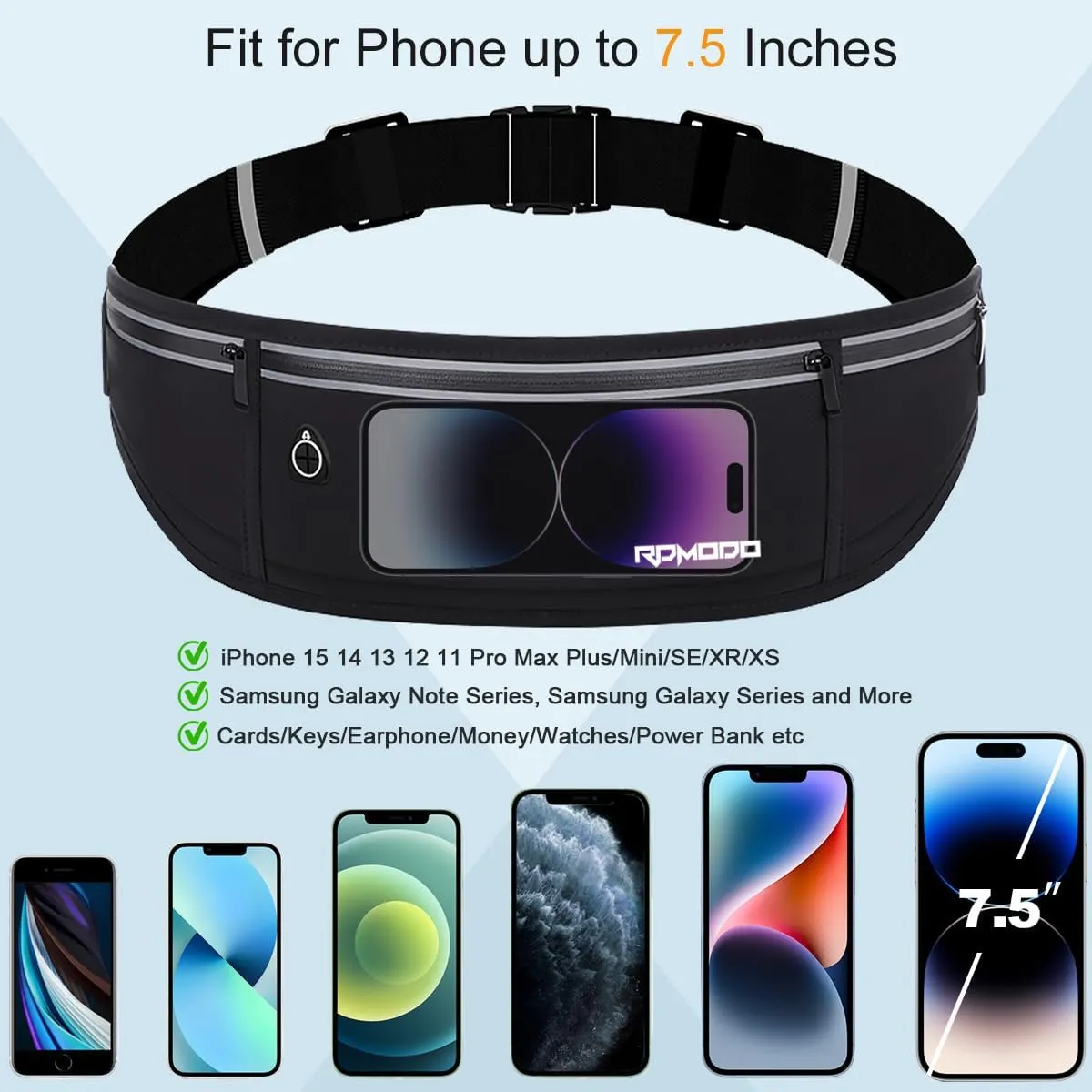 Slim Running BeltWater Resistant Fanny Pack for Women Men3 Pocket Phone Holder for Running Walking CyclingAdjustable Reflective Running Waist Bag for iPhone 16 15 14 13 Pro Max Samsung Black