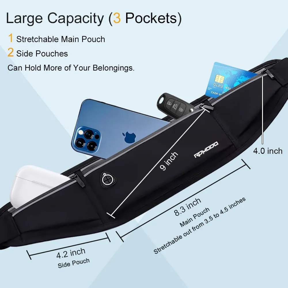 Slim Running BeltWater Resistant Fanny Pack for Women Men3 Pocket Phone Holder for Running Walking CyclingAdjustable Reflective Running Waist Bag for iPhone 16 15 14 13 Pro Max Samsung Black