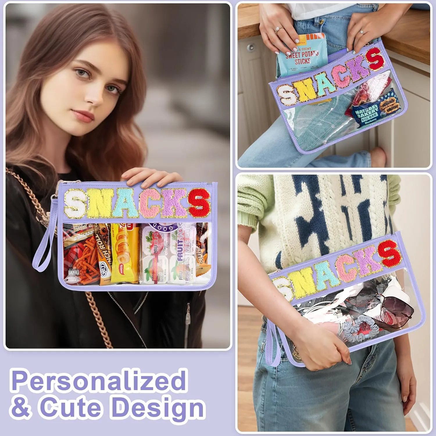Snack Bag for Travel - Clear Chenille Varsity Letter Flat Pouch with Zipper, Waterproof Clear Nylon Preppy Patch Makeup Cosmetic tote Bags for Women Girls