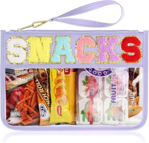 Snack Bag for Travel - Clear Chenille Varsity Letter Flat Pouch with Zipper, Waterproof Clear Nylon Preppy Patch Makeup Cosmetic tote Bags for Women Girls