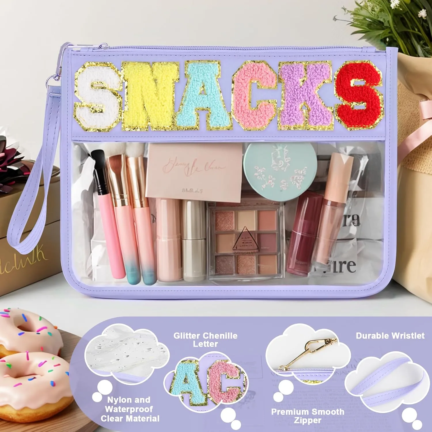 Snack Bag for Travel - Clear Chenille Varsity Letter Flat Pouch with Zipper, Waterproof Clear Nylon Preppy Patch Makeup Cosmetic tote Bags for Women Girls