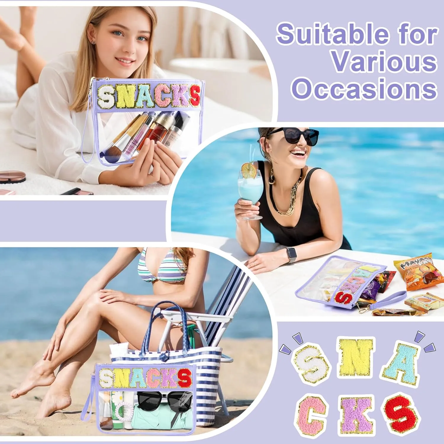 Snack Bag for Travel - Clear Chenille Varsity Letter Flat Pouch with Zipper, Waterproof Clear Nylon Preppy Patch Makeup Cosmetic tote Bags for Women Girls