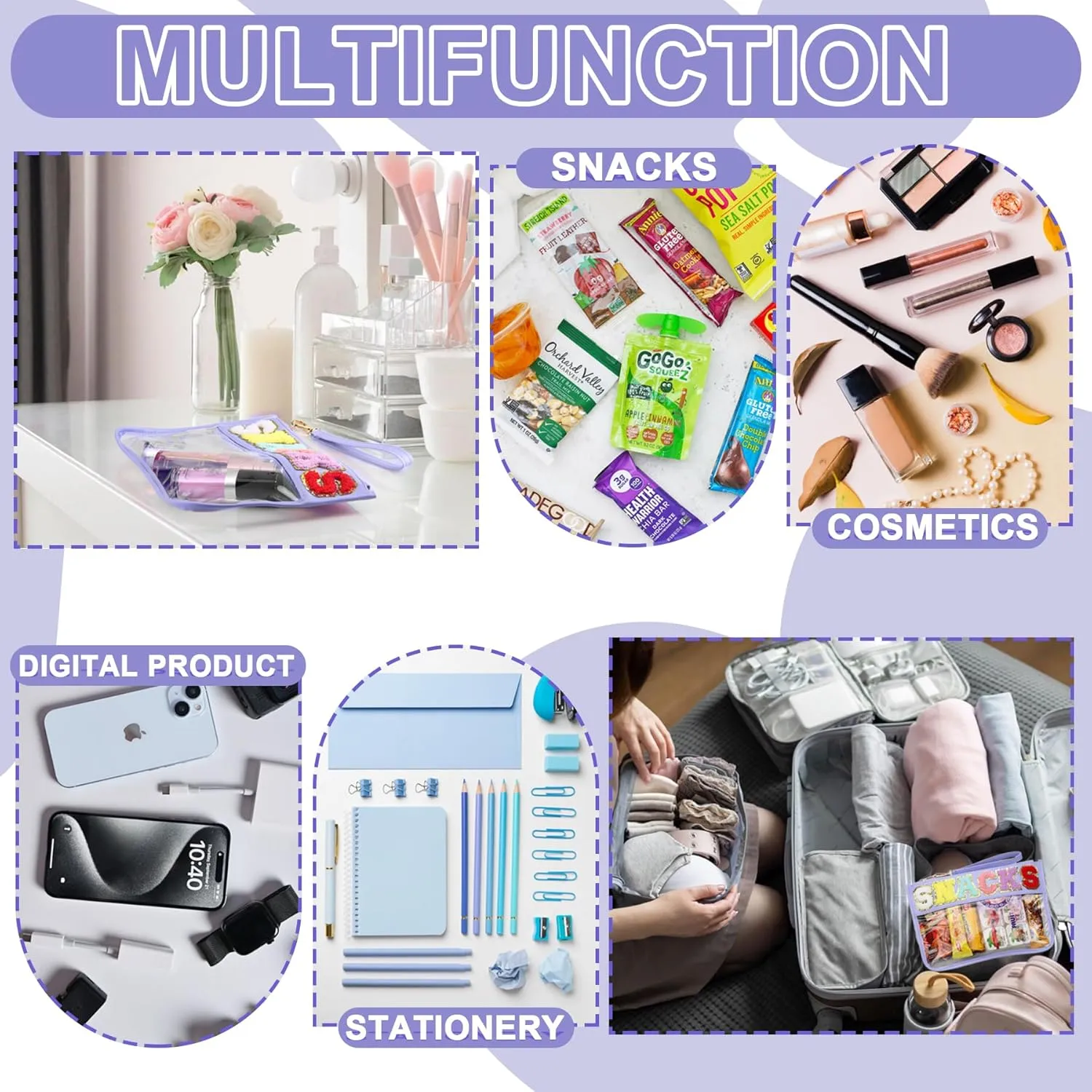 Snack Bag for Travel - Clear Chenille Varsity Letter Flat Pouch with Zipper, Waterproof Clear Nylon Preppy Patch Makeup Cosmetic tote Bags for Women Girls