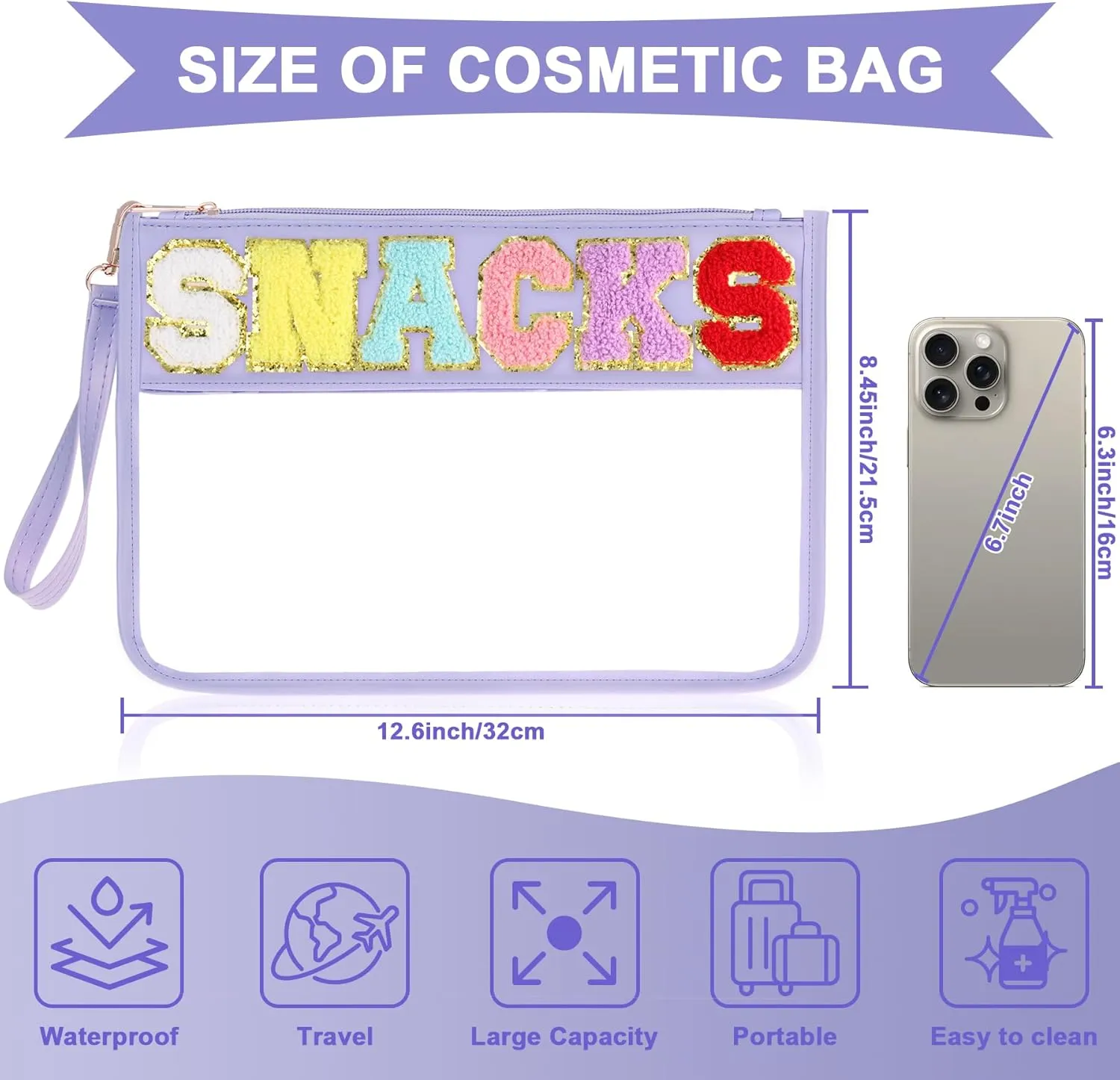 Snack Bag for Travel - Clear Chenille Varsity Letter Flat Pouch with Zipper, Waterproof Clear Nylon Preppy Patch Makeup Cosmetic tote Bags for Women Girls