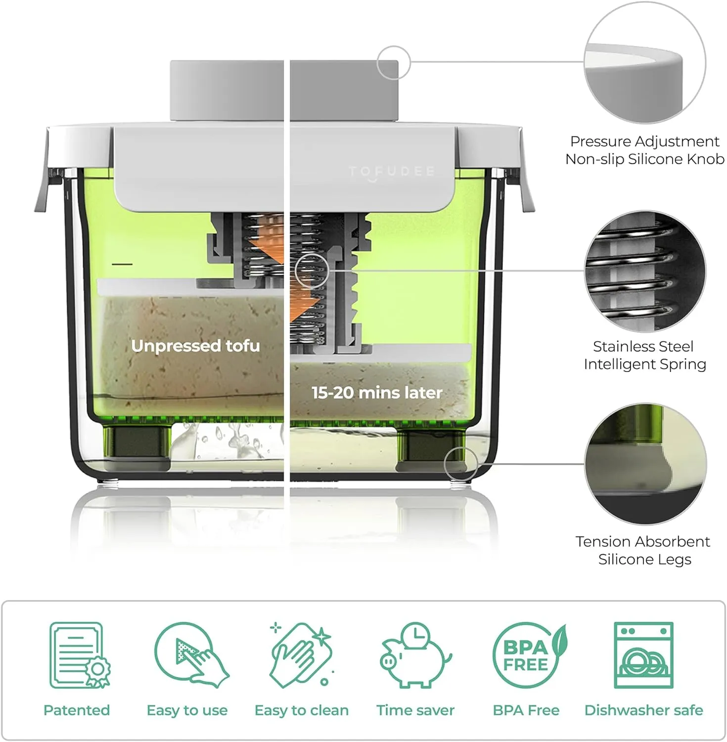 Tofu Press for Vegan - Dishwasher Safe & BPA Free Tofu Presser that Swiftly Drains Water from Soft, Firm, Extra Firm & Organic Tofu Without Crack in just 15-20min - Enhanced Flavor & Texture
