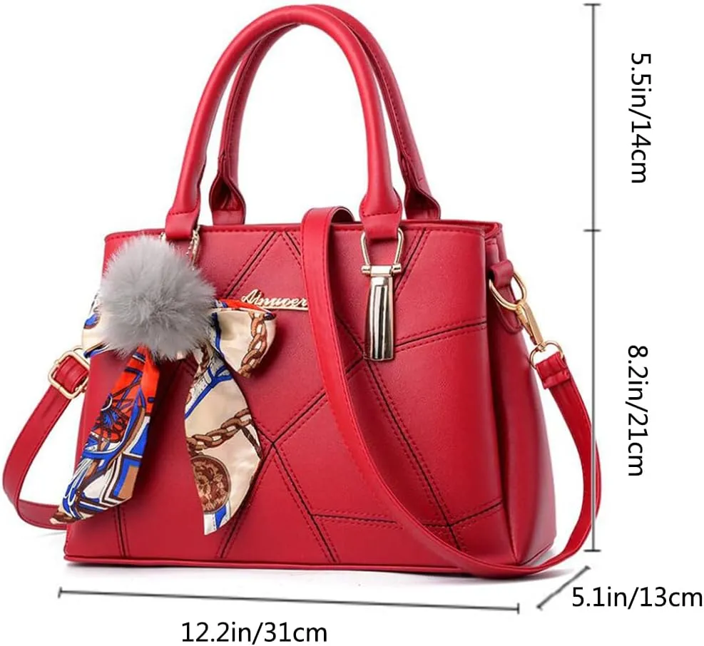 Top-handle Handbags Purse Soft PU Leather Crossbody Shoulder Bag Satchel with Bowknot Plush Ball Pendant