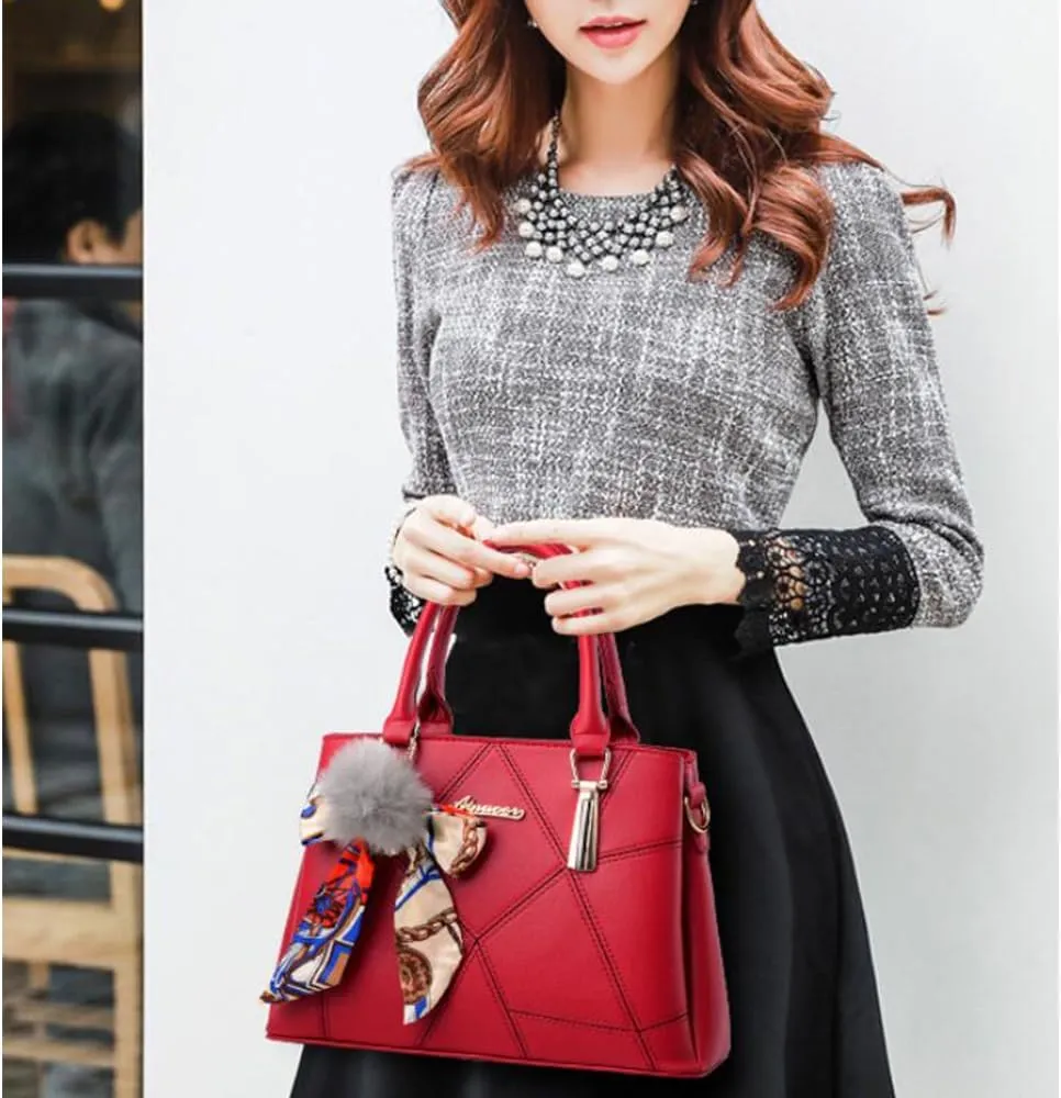 Top-handle Handbags Purse Soft PU Leather Crossbody Shoulder Bag Satchel with Bowknot Plush Ball Pendant