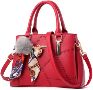 Top-handle Handbags Purse Soft PU Leather Crossbody Shoulder Bag Satchel with Bowknot Plush Ball Pendant