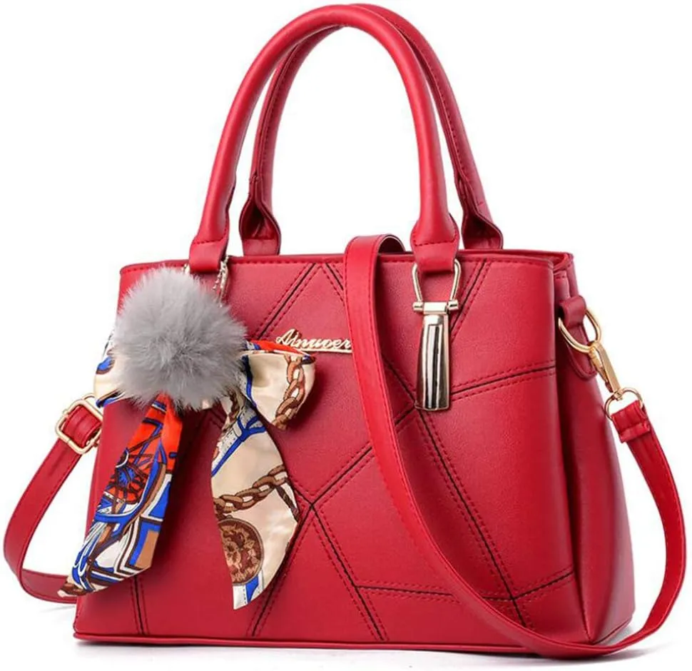 Top-handle Handbags Purse Soft PU Leather Crossbody Shoulder Bag Satchel with Bowknot Plush Ball Pendant