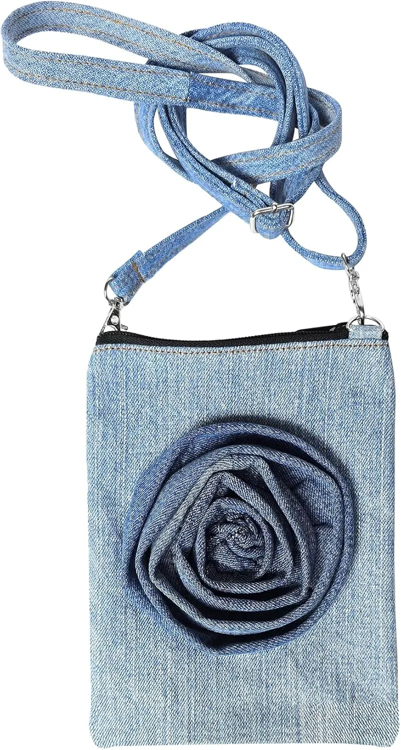 Upcycling Blue Denim Jeans Rose Fabric Decorative Small Cell Phone Flat Crossbody Bag Purse Handbag for Women