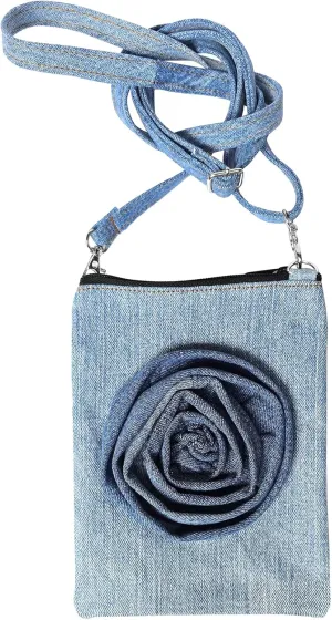 Upcycling Blue Denim Jeans Rose Fabric Decorative Small Cell Phone Flat Crossbody Bag Purse Handbag for Women